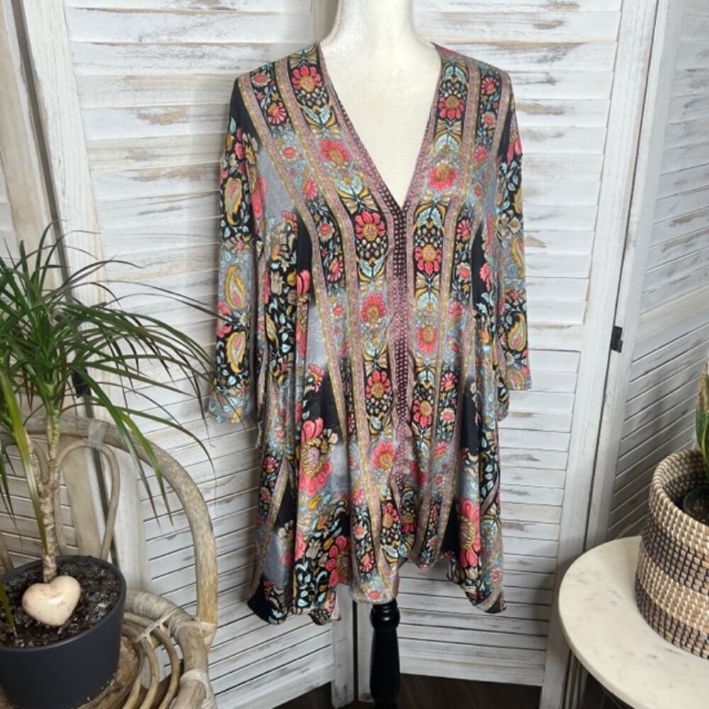 CIENNA Australia Women's XL Floral Boho Kimono Silk Snap Flowy Lightweight Tunic - Picture 4 of 14
